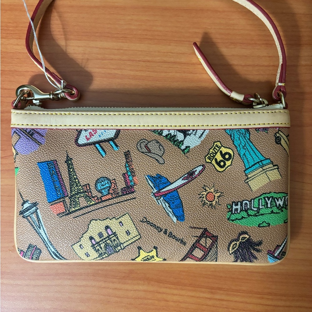 Dooney & Bourke Tan Wristlet with Colorful Landmark Print - Picture 2 of 3